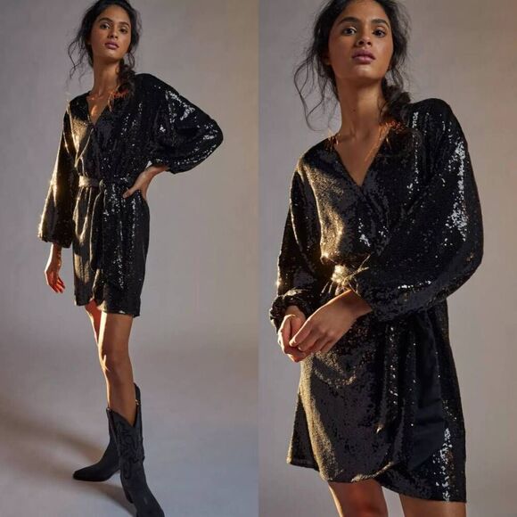 Anthropologie Dresses & Skirts - NWT ANTHROPOLOGIE LISABETTE SEQUIN GLITZ WRAP MINI STATEMENT DRESS BLACK LBD XS